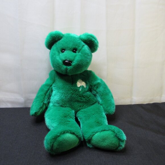 Ty Beanie Buddies Toy Plush Bear Green Irish White Shamrock 1998 Fuzzy Soft Good - Picture 1 of 11